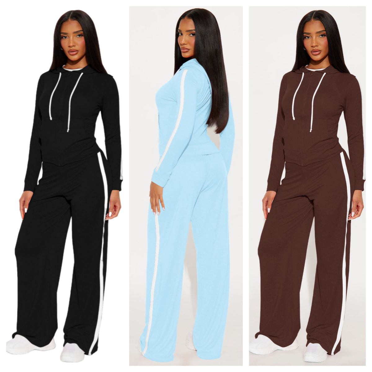 Stylish Color-Block Patchwork Two-Piece Set With A Hooded Top