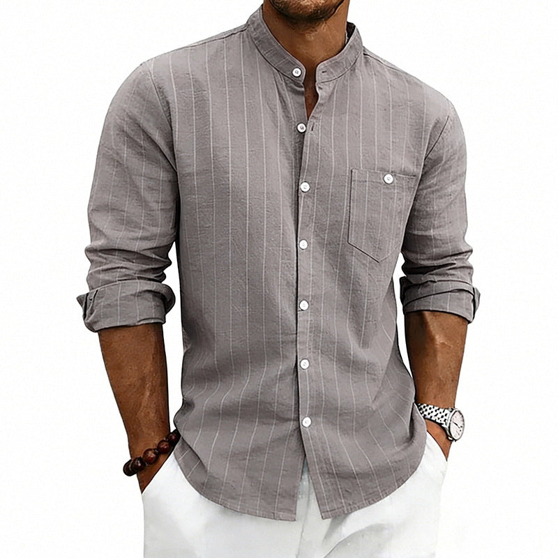 Linen Jacquard Striped Loose-fit Casual Stand-collar Long-sleeve Shirt