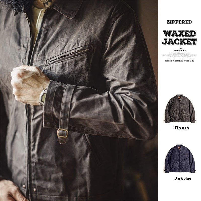 American Retro Four-generation Canvas Oil Wax Jacket Amekaji Tough Guy Zipper Short Coat