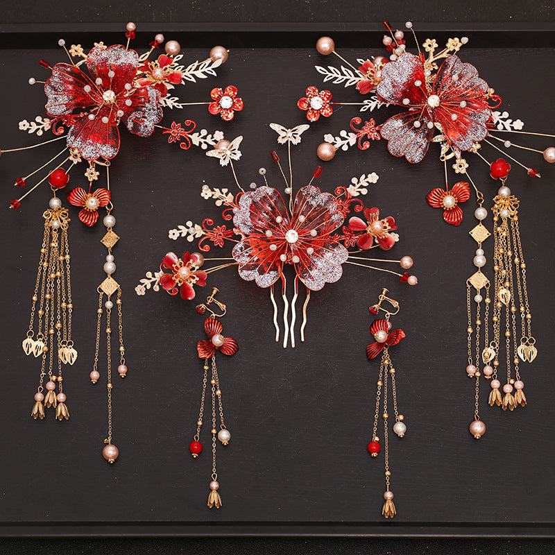Classical Red Flower Liquid Ancient Style Headdress Fringed Hair Crown Bridal Hair Accessories