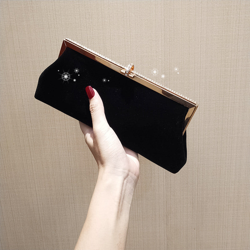 Black Clutch Bag With Diamond Velvet One Shoulder Diagonal