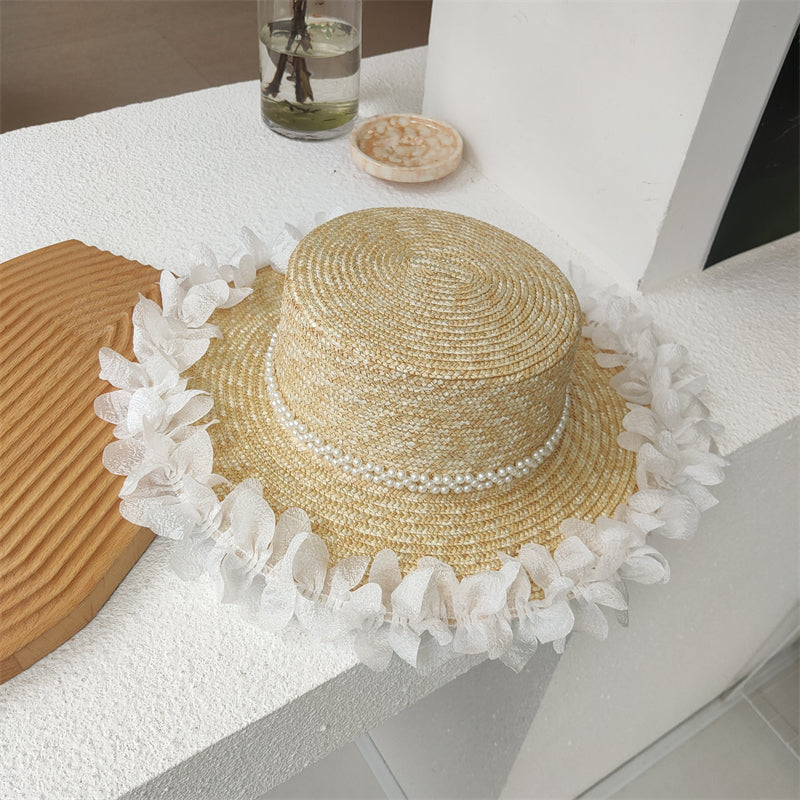 Women's Pearl Lace Flat Top Straw Hat
