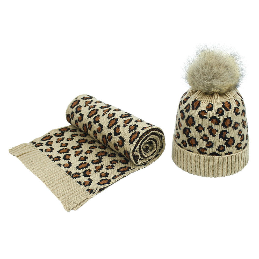 Women's Autumn And Winter Leopard Print Hair Ball Hat Scarf Set
