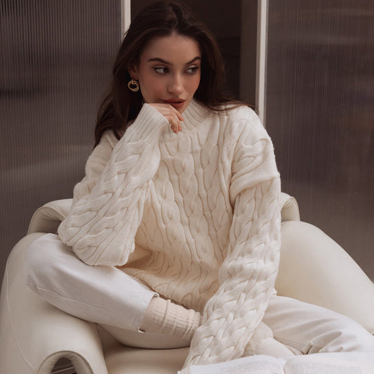 Mock Neck Cable-knit Sweater Loose Pullover Women