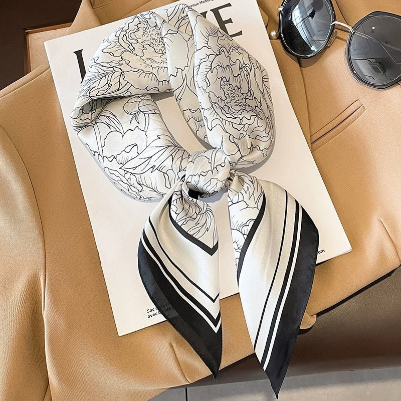 Black And White Striped Small Square Towel Silk Scarf Women's Headscarf Spring And Autumn
