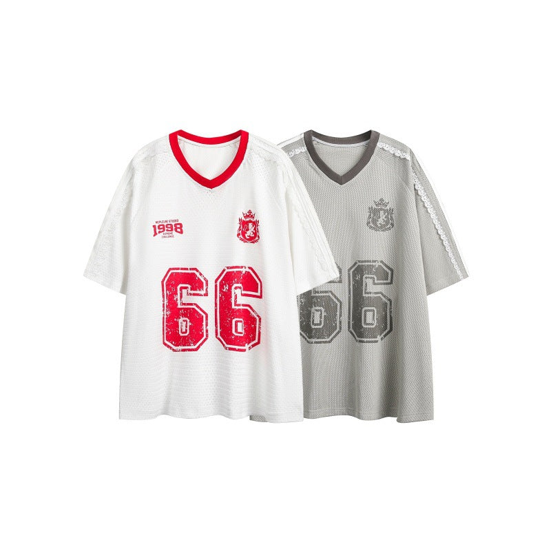 Summer Retro Distressed Contrast Color V-neck Loose All-match Sports Short Sleeve