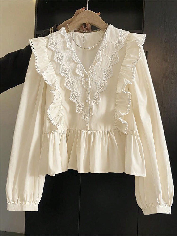 Womens Casual Solid-Color Lace-Patchwork Ruffle-Trim Long-Sleeve Top
