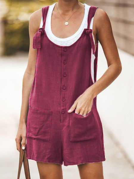 Women's Solid Color Patch Pocket Tie Cotton Linen Bib Pants