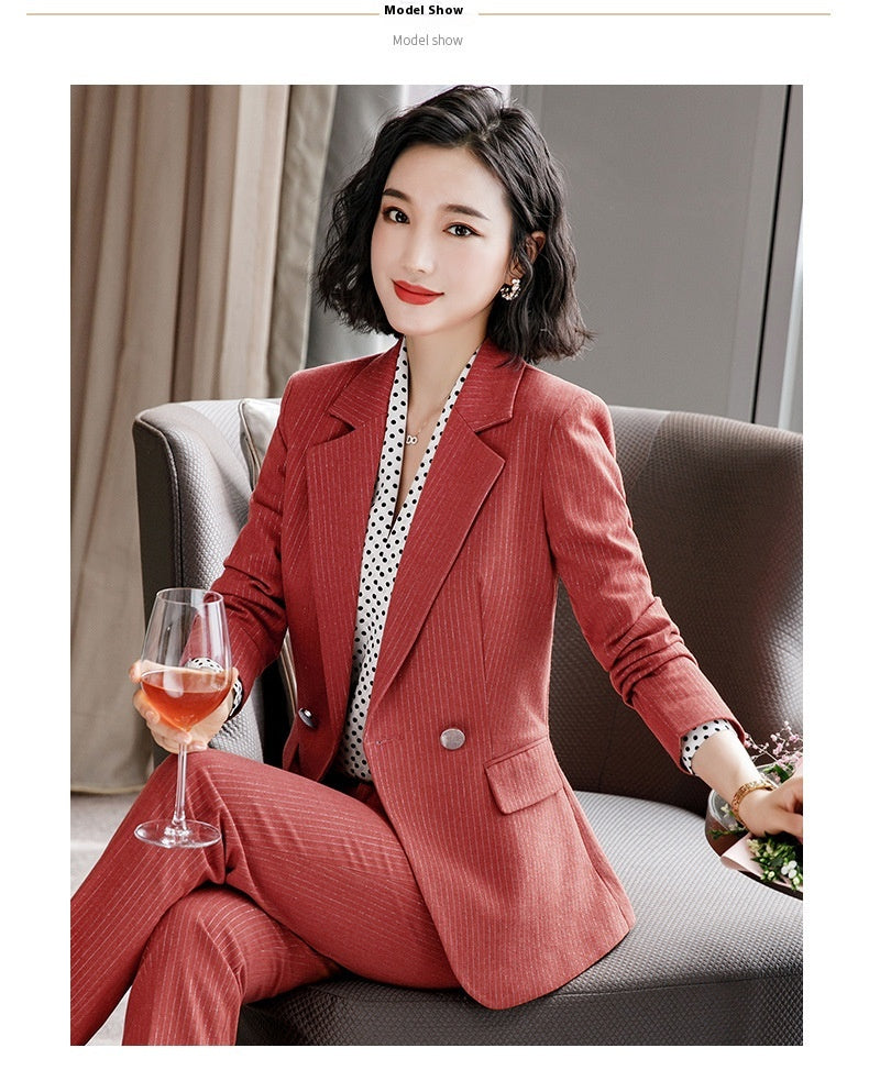 Temperament Korean Style Fashion Striped Red Business Suit Women