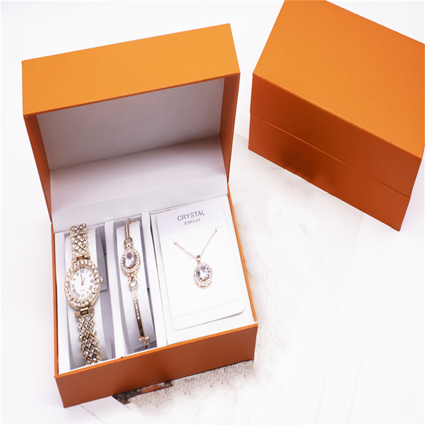 Rhinestone Watch Set With Bracelet And Necklace 3-piece