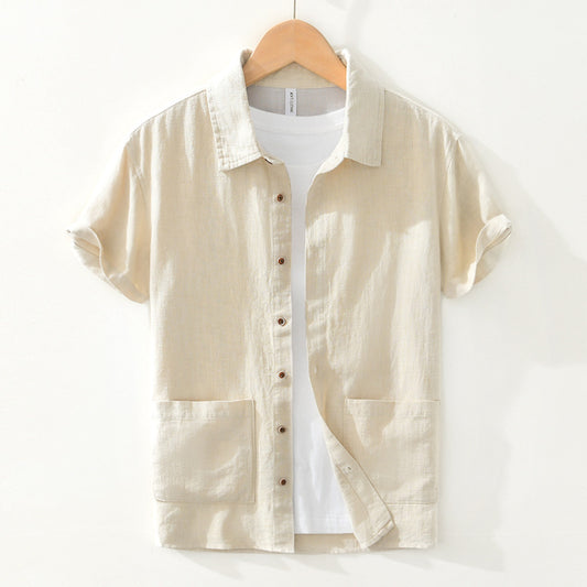 Breathable Cotton Linen Ramie Shirt Lapel Short Sleeve