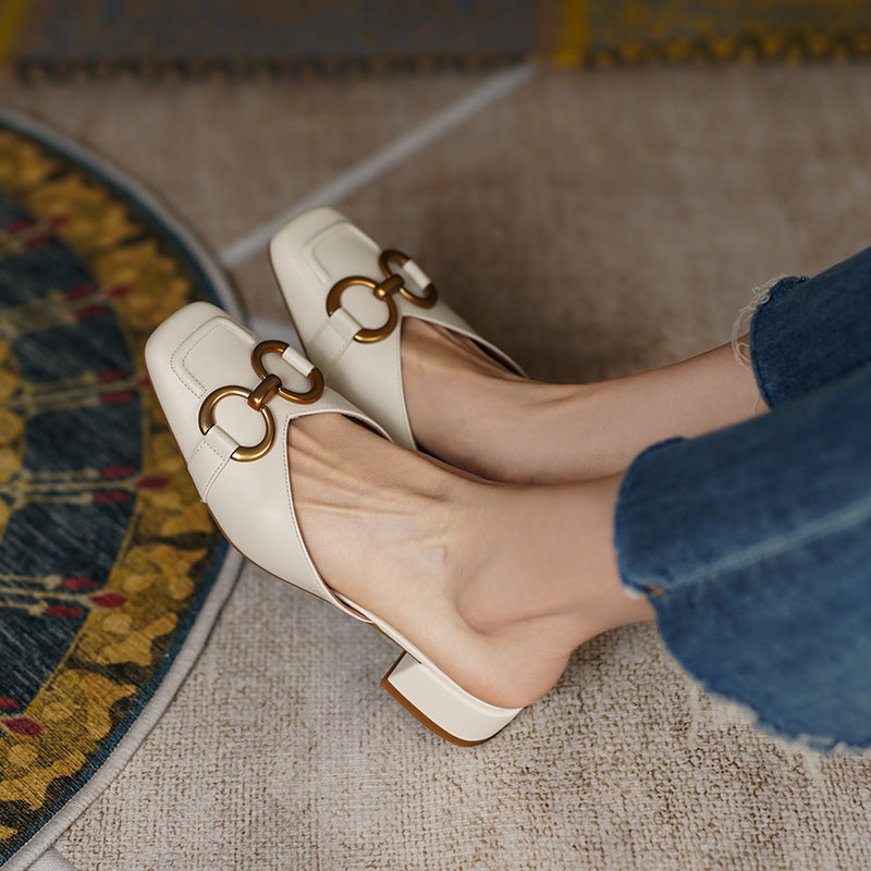 Women's Square Head Horsebit Medium Chunky Heel Half Slippers