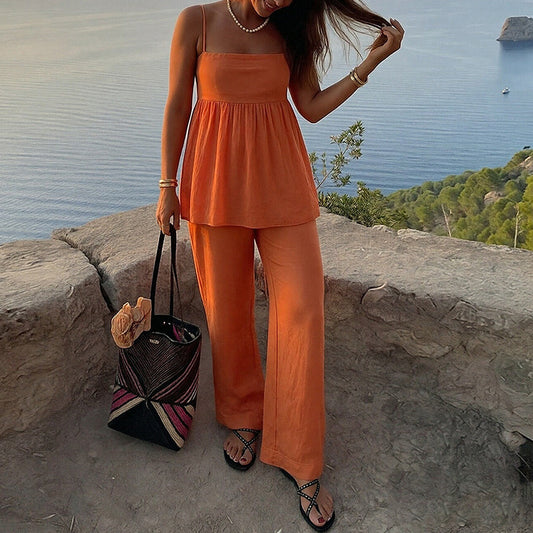 Solid Color Loose Fitting Casual Fashionable Cami Top And Pants Set