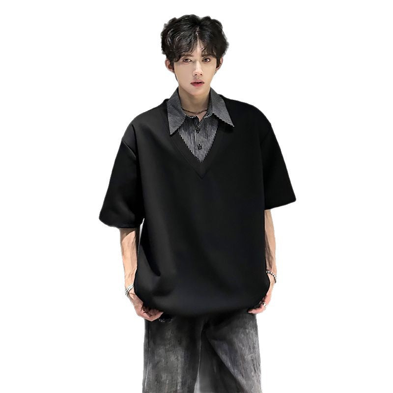 Casual Style Fake Two-Piece Shirt Collar Short-Sleeve Top For Men