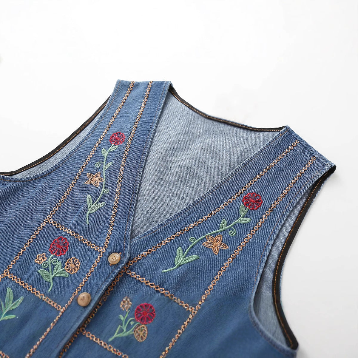 Heavy-Duty Embroidered Ethnic-Style V-Neck Denim Vest