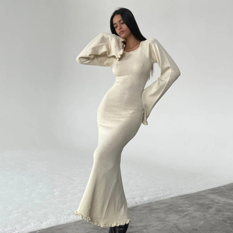 New Solid Color Stringy Selvedge Backless Knitted Long Dress For Women