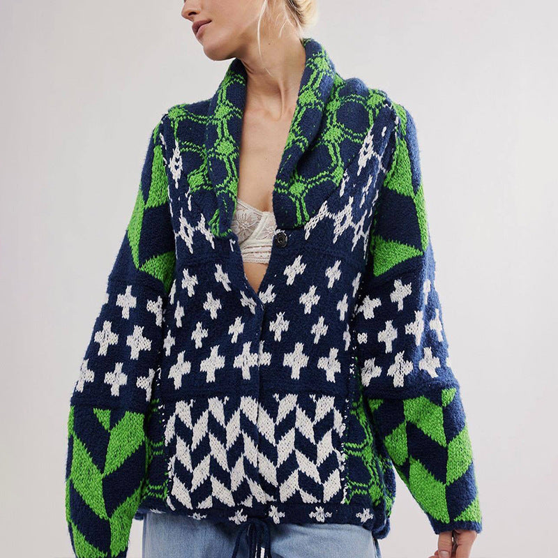Abstract Print Turn-Neck Loose-Fit Long-Sleeve Knitted Sweater For Women