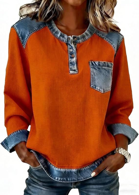 Patchwork Button Pocket Long Sleeved Round Neck Top