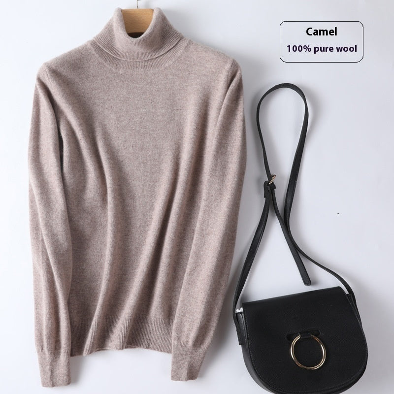 Pure Wool Sweater Women's Turtleneck Pullover Solid Color Loose Short