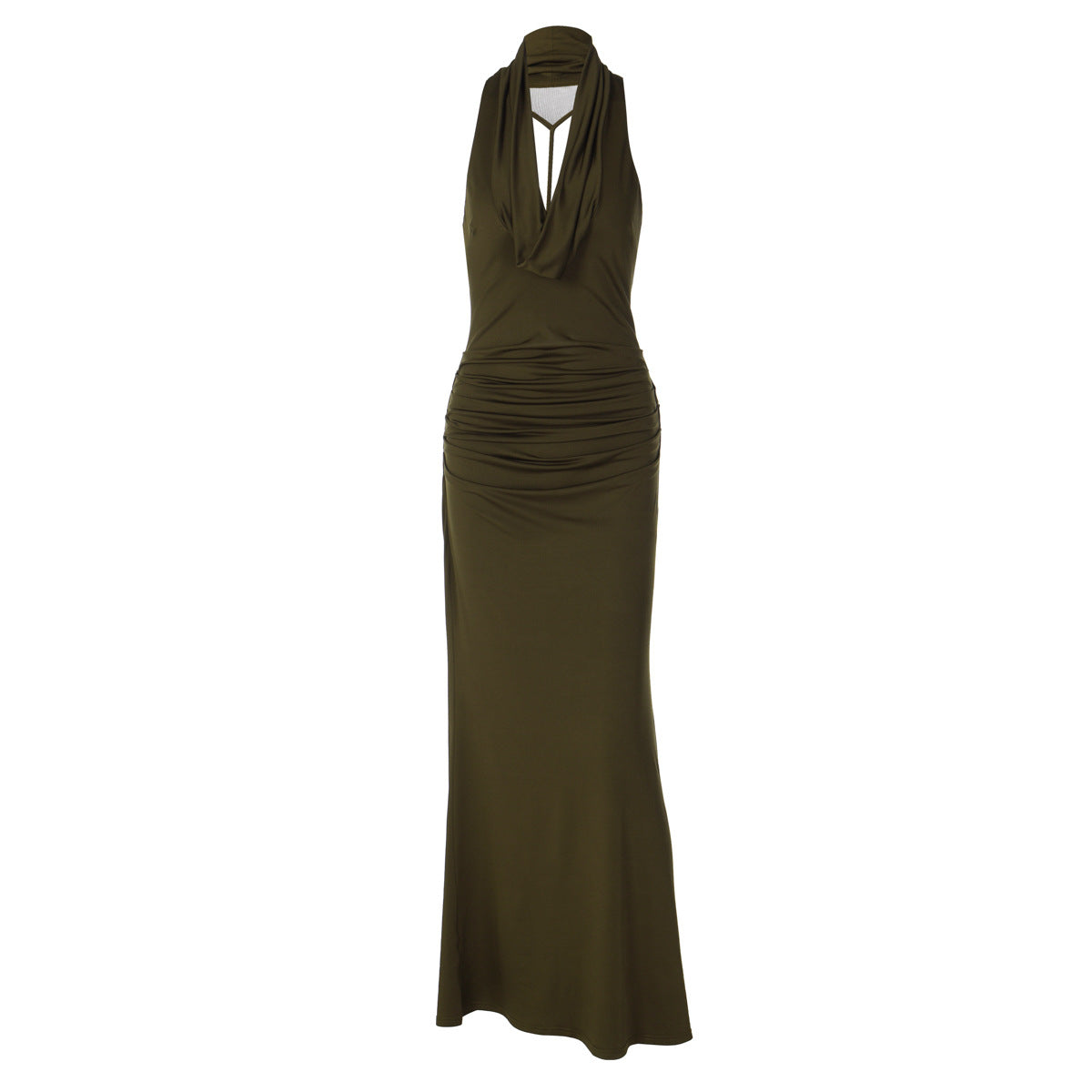 Pleated, Figure-hugging Elegant Halter-neck Maxi Dress