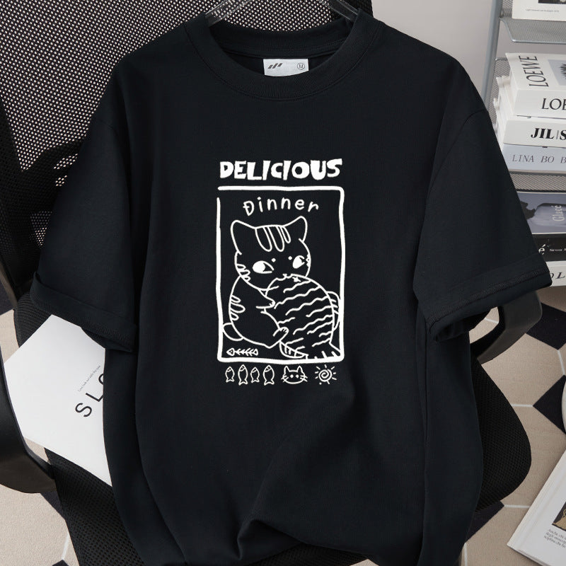Stylish Cotton Short-Sleeve T-Shirt With A Cat Print