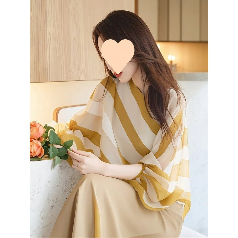 Yellow Top French High-end Striped Chiffon Three-quarter Sleeve