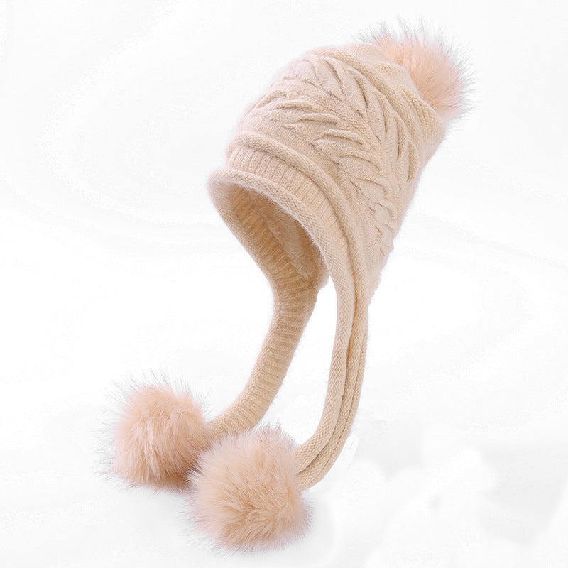 Winter Warm Ear Protection Three Hair Ball Pleated Rabbit Fur Hood