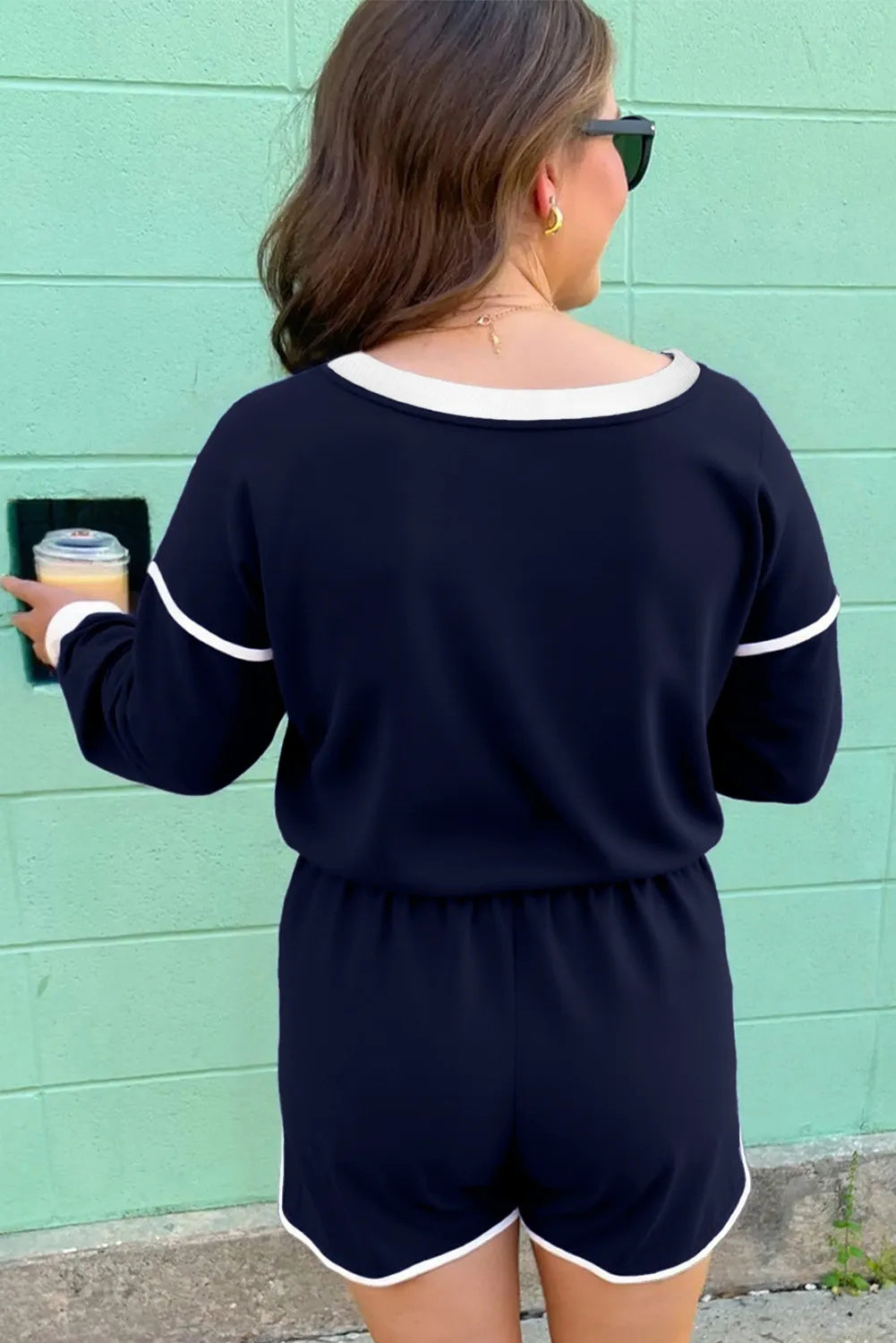 Bluing Colorful Striped Accent Varsity Long Sleeve Pullover And Shorts Matching Set