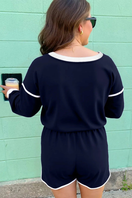 Bluing Colorful Striped Accent Varsity Long Sleeve Pullover And Shorts Matching Set