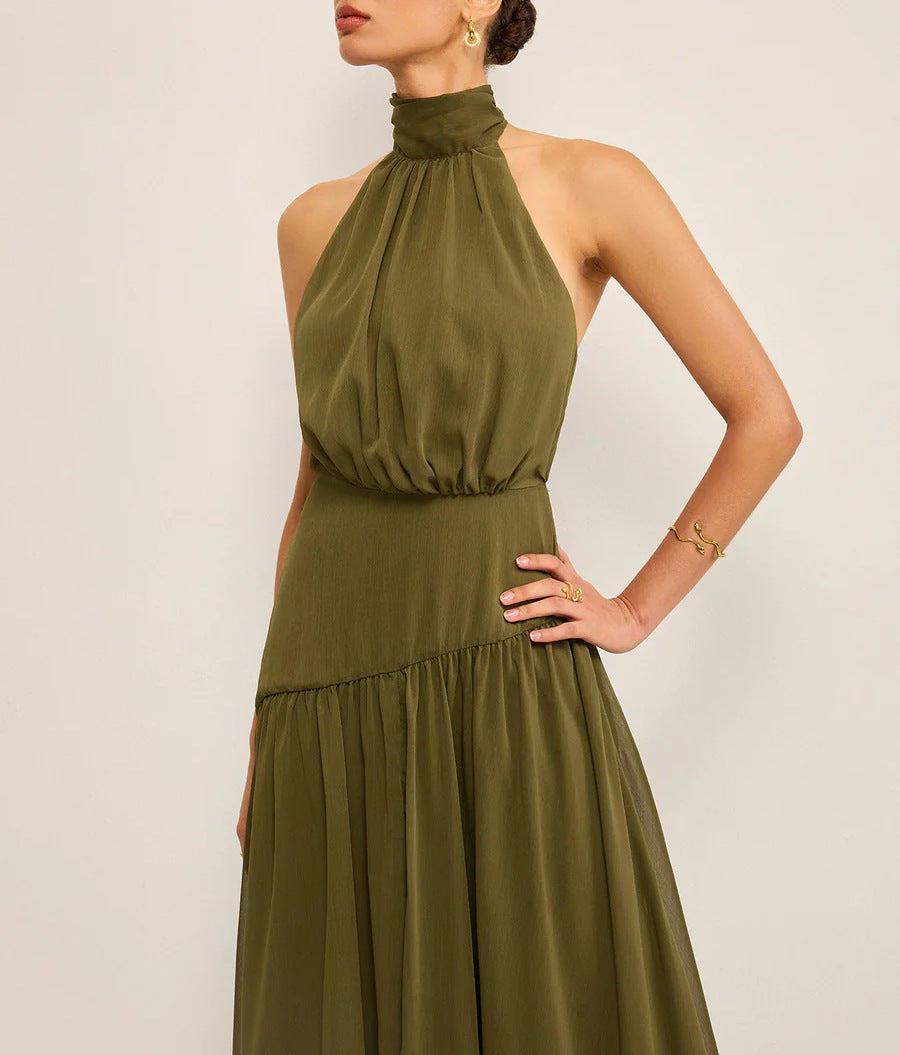 Womens Halterneck Cutout Back Dress With Flowing Ribbons