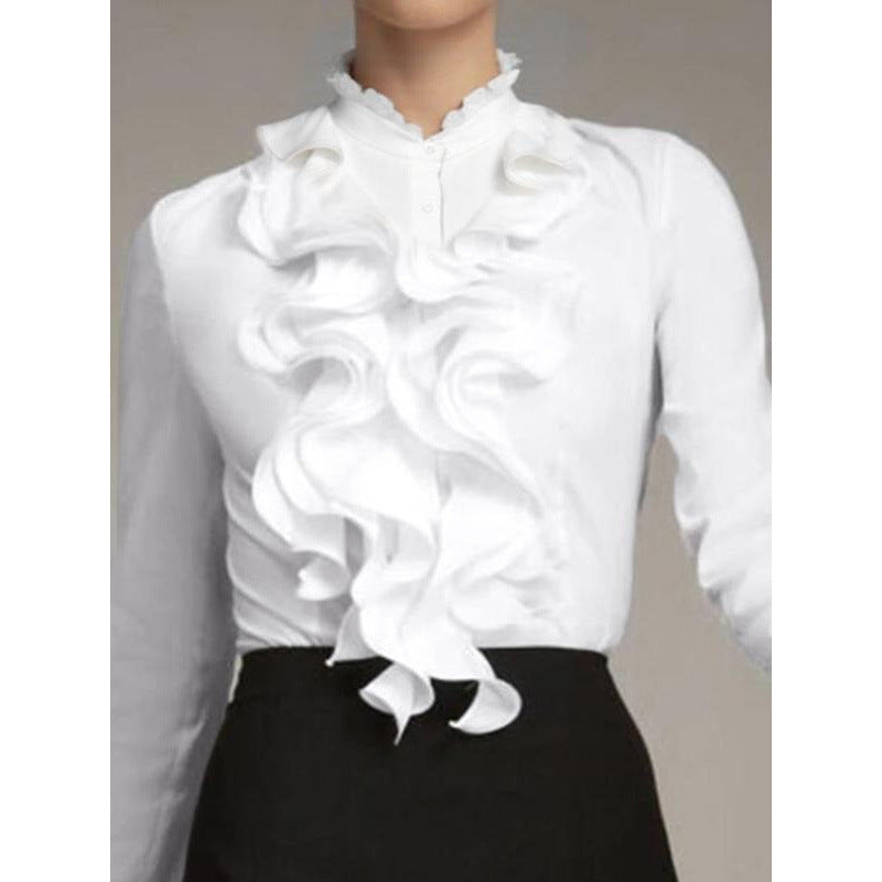 Women's Solid-Colored Ruffle-Trimmed Button-Front Shirt