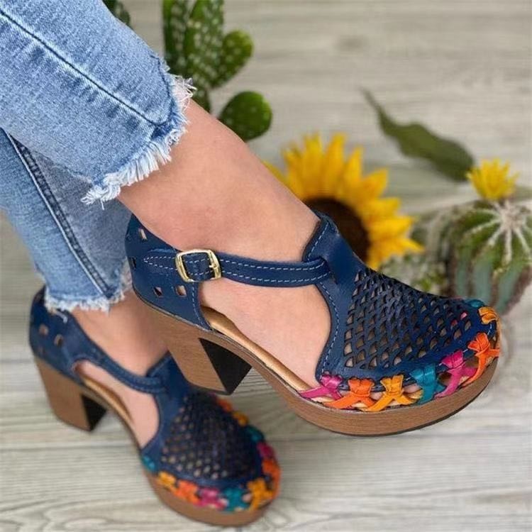 Round Toe Low-cut Breathable Hollow Wedge Heel Buckle Fashion Women's Sandals