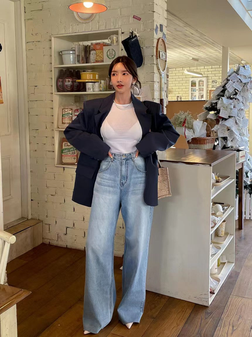 Alsidigt hjerteprintdesign slidt draperet vaskede jeans med vide ben