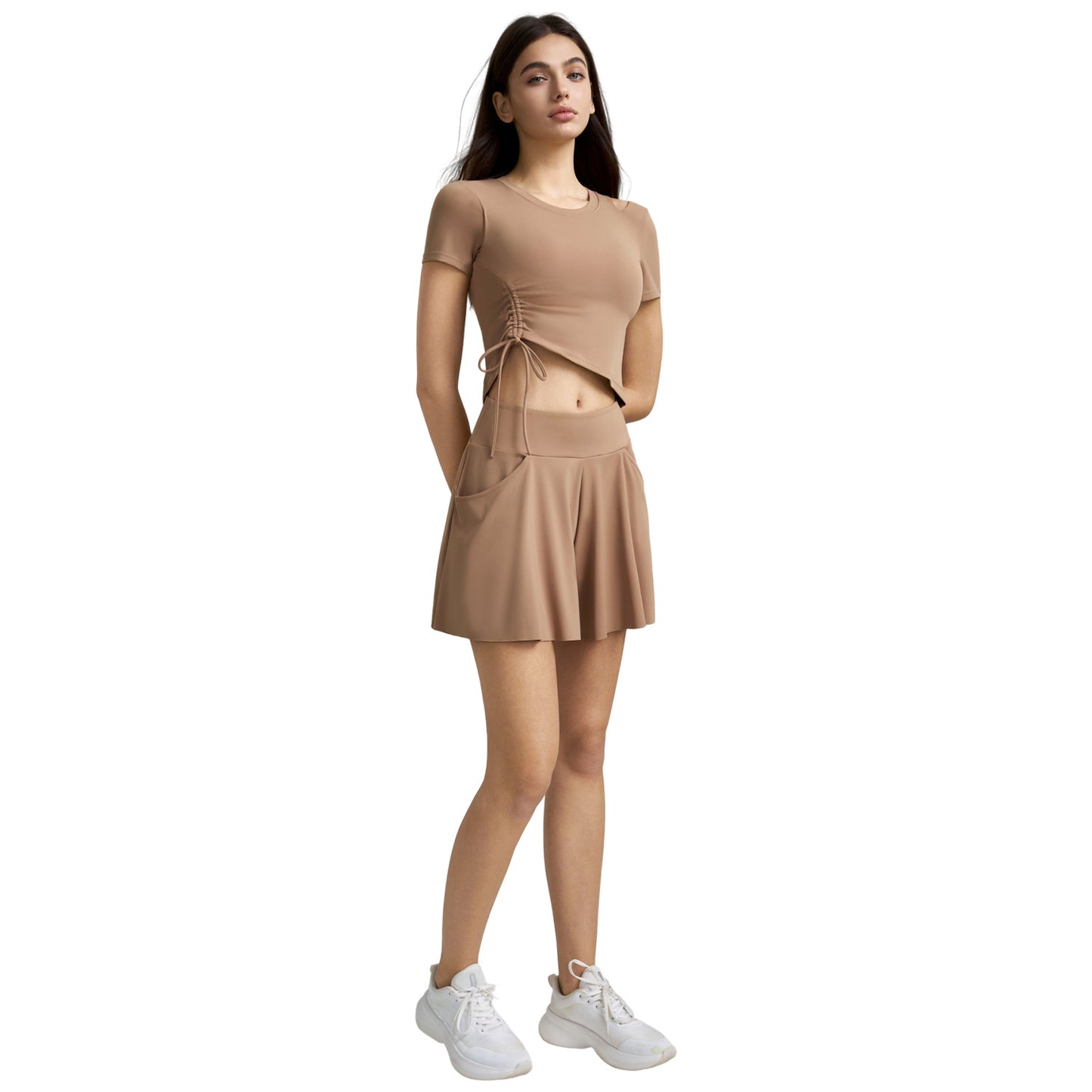 Womens One-Shoulder Hollow-Out Sexy Short-Sleeve Top And Culotte Set