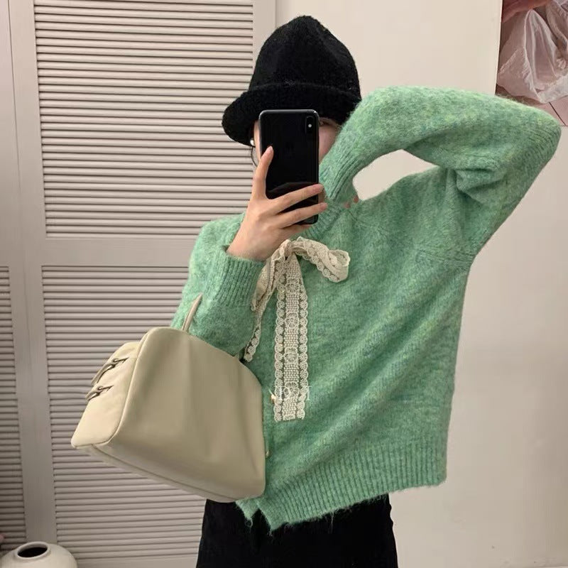 New Lace Lace-up Round Neck Heart Buckle Long Sleeve Plush Knitted Cardigan
