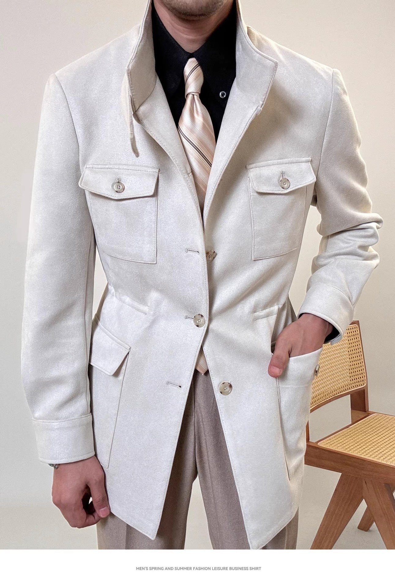 Spring Italian Suede Stand Collar Safari Jacket Jacket