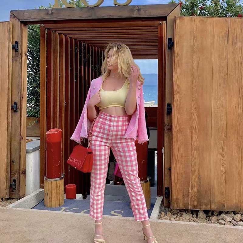 Blogger's Hot Summer New Style Plaid High-waisted Feet Pants Girly Casual Pants Women