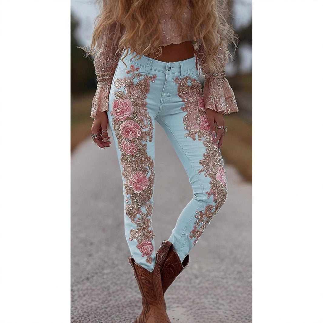 Womens Colorful Floral Faux Denim Pants