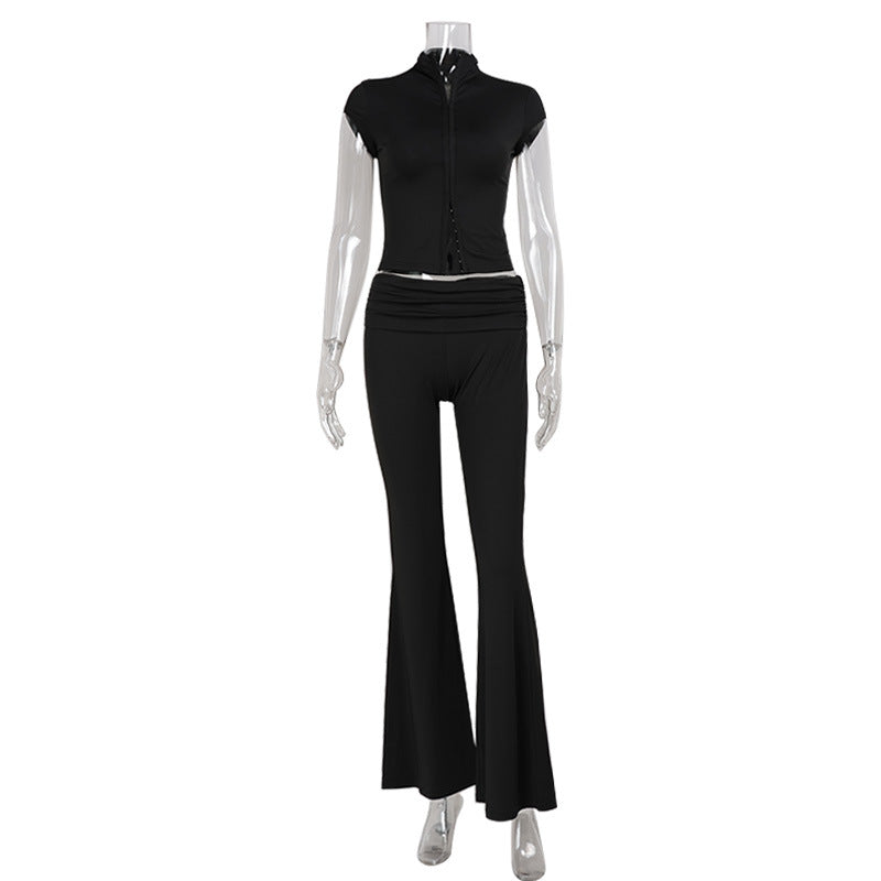 Women's Slimming Black Mock-neck Short-sleeve Hollow-out T-shirt And Flared Pants Set