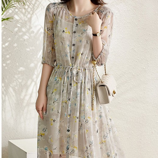 Fragmented Floral Long Skirt French Short Sleeved