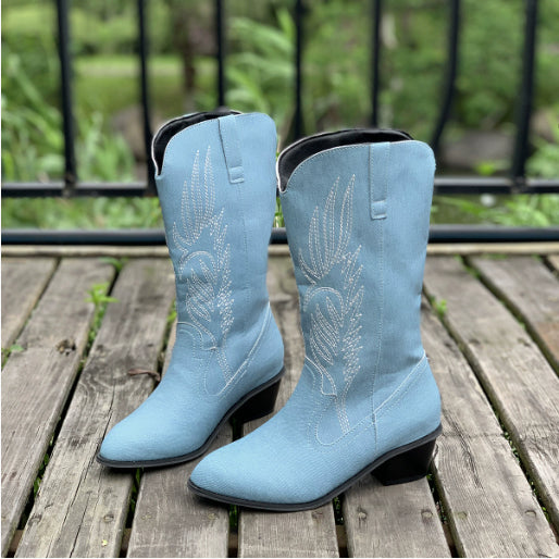 Mirror Patent Leather Embroidery Knee-high Boots Pointed Mid-calf Embroidery Chunky High Heel