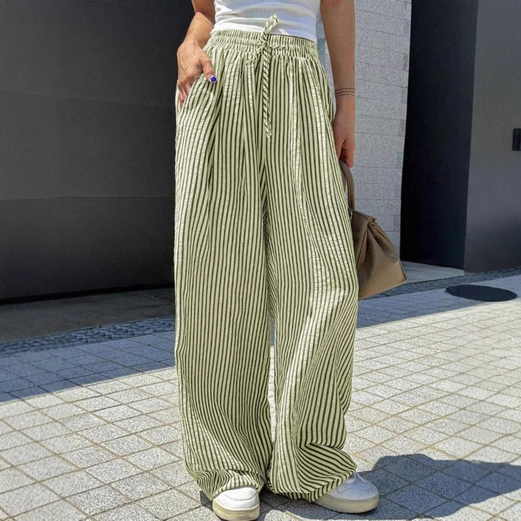 Women's High Waist Loose Casual Striped Straight-leg Pants