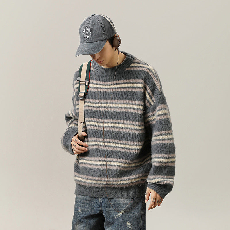 Japanese-style Retro Contrast Color Striped Round Neck Sweater Men's Autumn And Winter