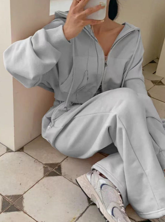 Hooded Solid Color Sweatsuit With Drawstring