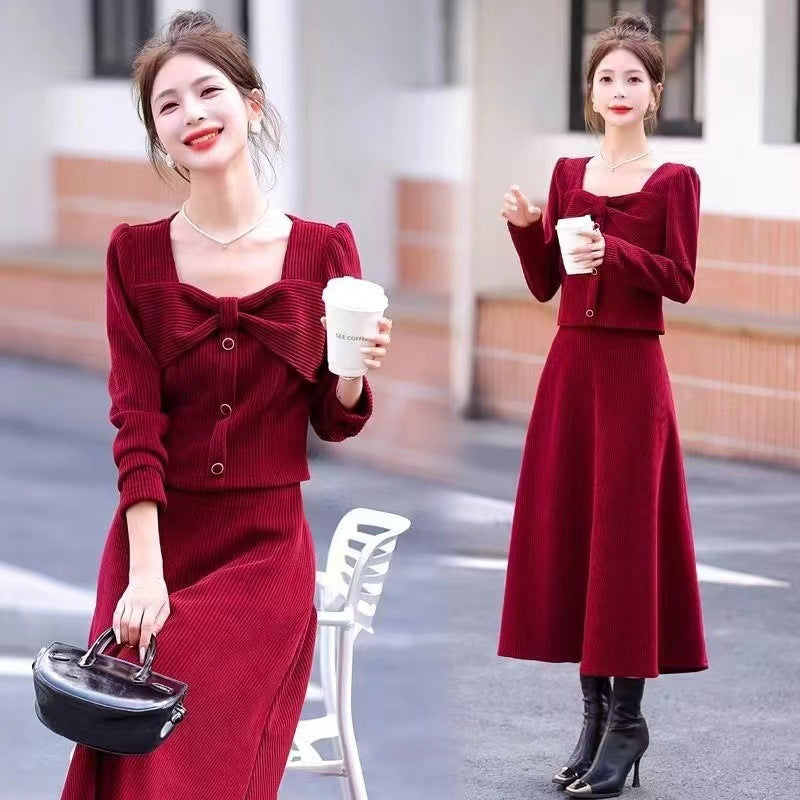 Womens Fashion Corduroy Top And Skirt Two-piece Set