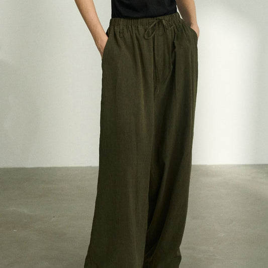 Design Elastic Waist Stone Washed Tencel Matte Casual Trousers