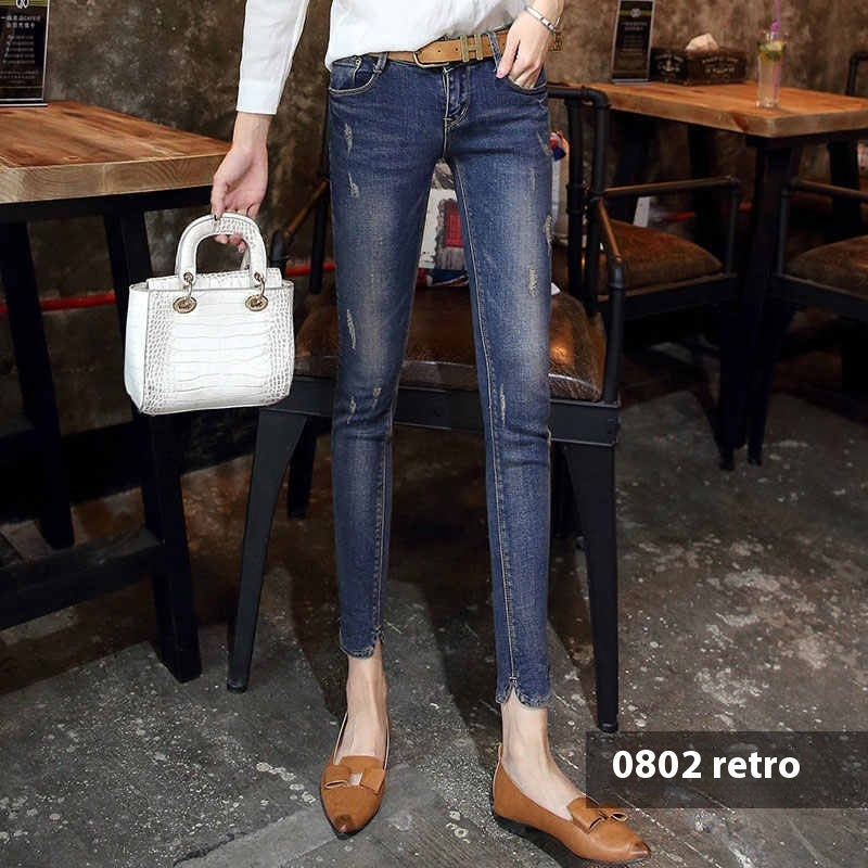 Cropped Jeans Women's Skinny Stretch Tight Ripped Pencil Pants