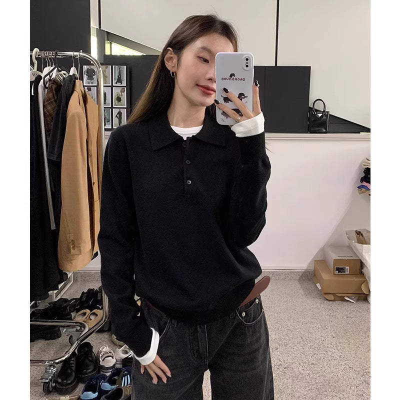 Korean-Style Youthful Embroidered Polo-Neck Knit Top