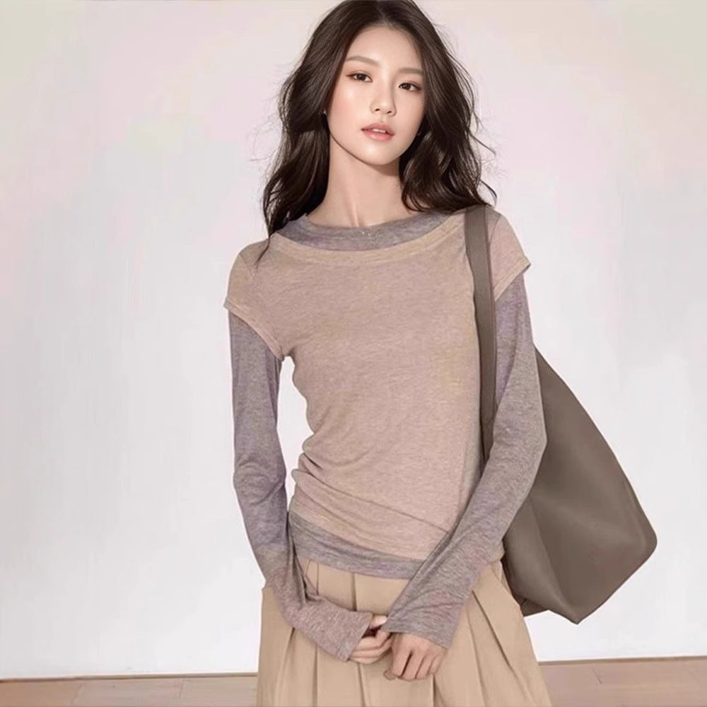 Women's Long Sleeve Faux Two Piece T Shirt Top