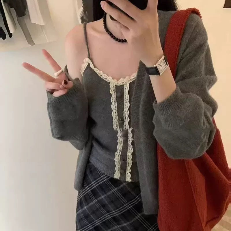 Women's Solid Color Sweater Cardigan Two-piece Suit